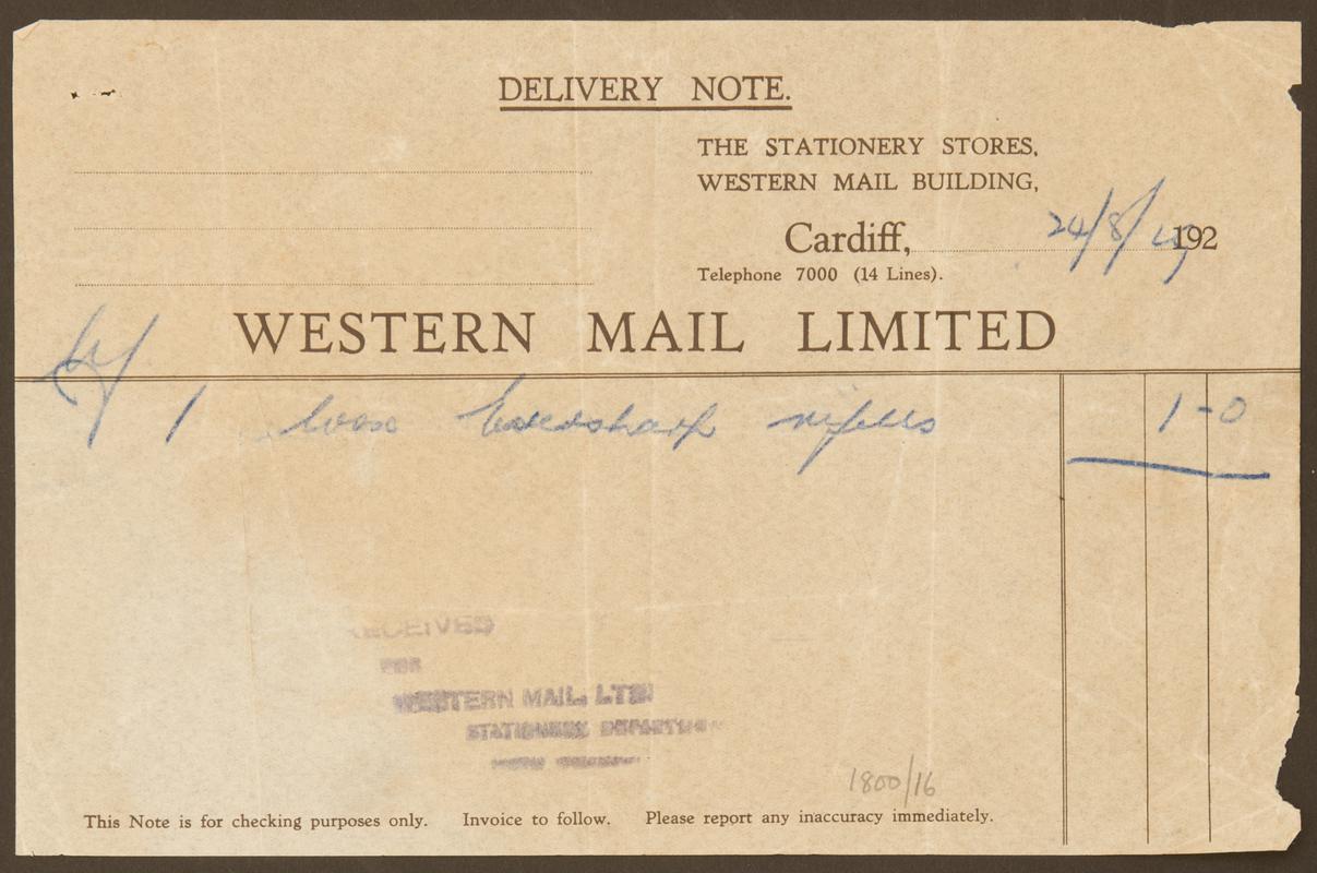 Recipt from Western Mail Ltd