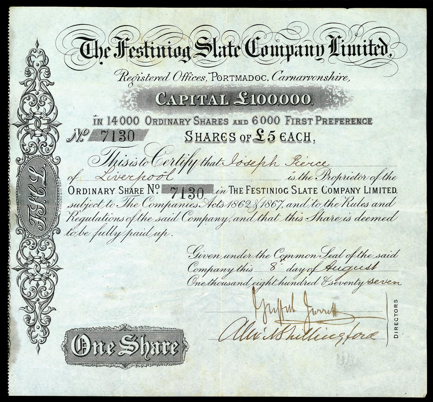 Festiniog Slate Co. Ltd., share certificate