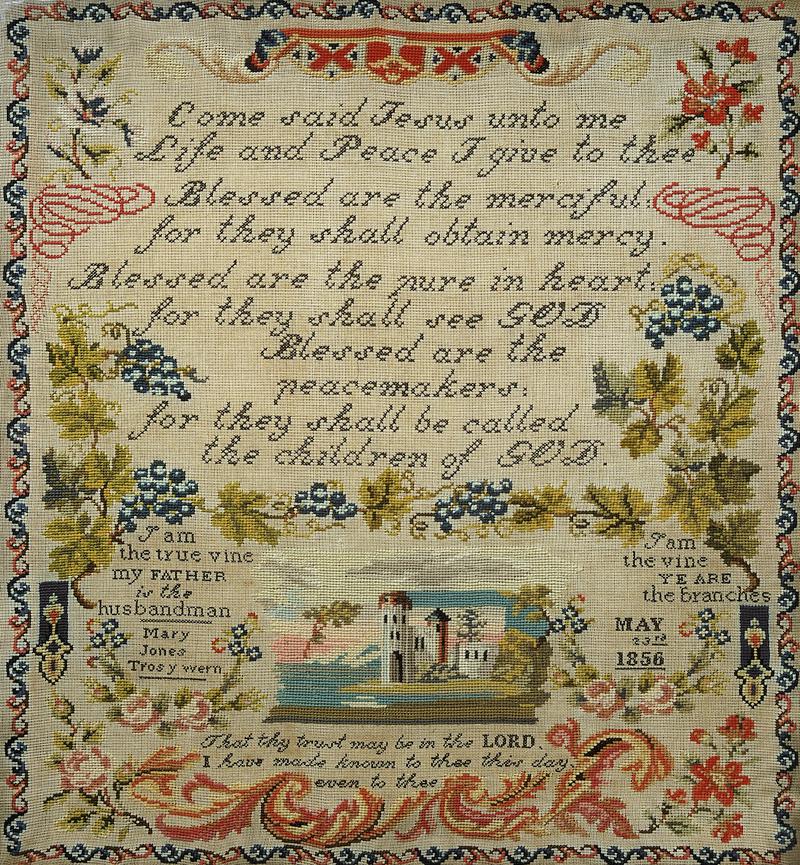 Sampler (verse &amp; motifs), made in Cardiff, 1856