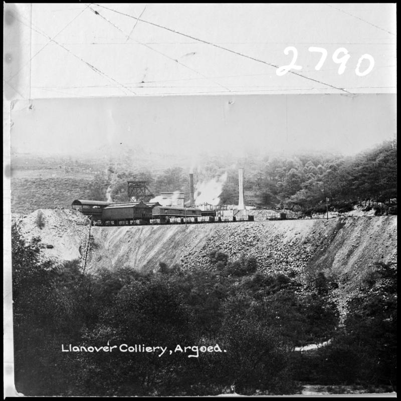 Black and white film negative of a photograph showing a surface view of Llanover Colliery, Argoed.  &#039;Llanover&#039; is transcribed from original negative bag.