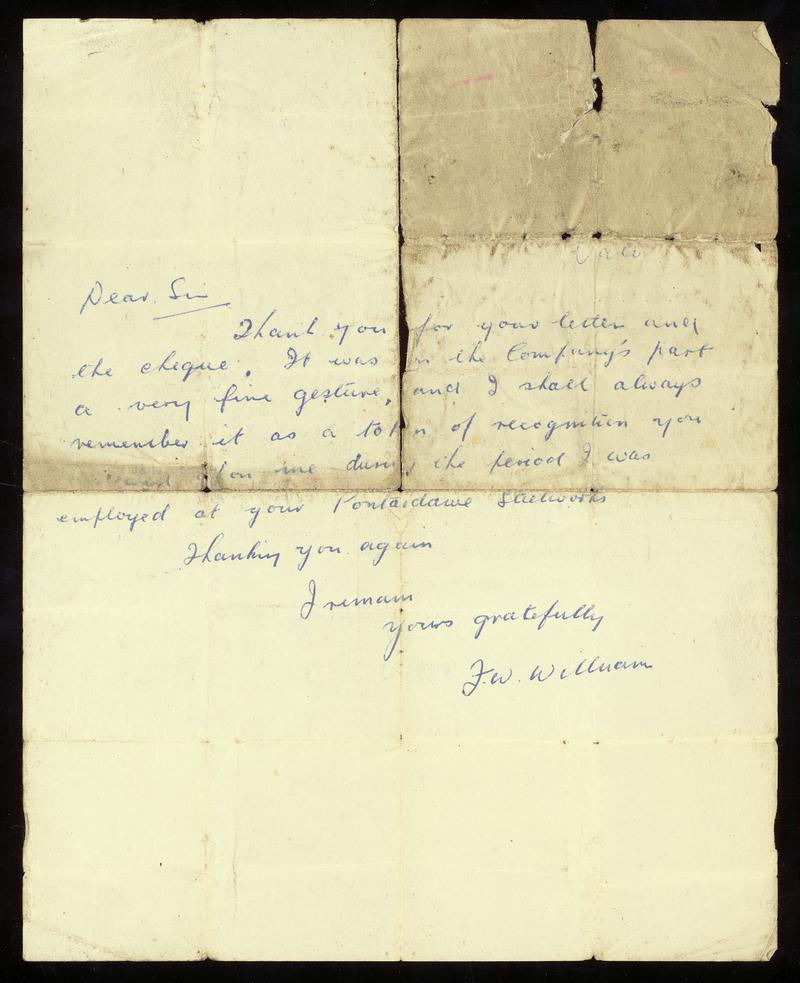 Richard Thomas &amp; Baldwins Limited letter (back)