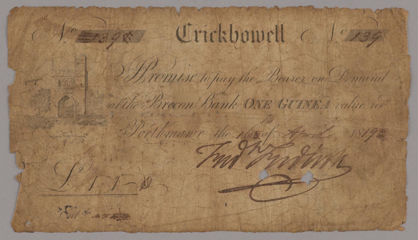 Brecon Bank, Crickhowell, one guinea bank note, 1819