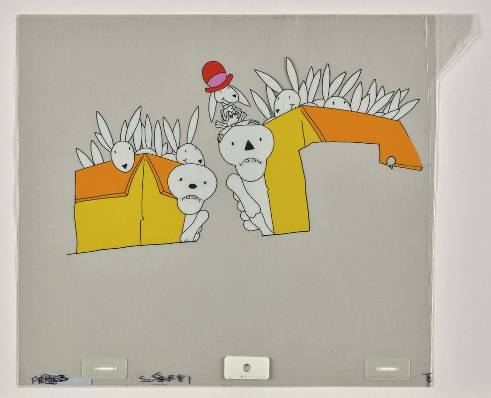 Funny Bones overlay animation production artwork from episode &#039;The Pet Shop&#039; showing the characters Big, Little and rabbits. Four sheets of cellulose acetate.