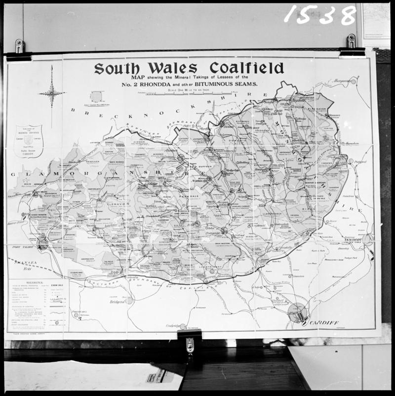 Black and white film negative of a &#039;South Wales Coalfield Map showing the mineral takings of lessees of the No. 2 Rhondda and other bituminous seams&#039;.