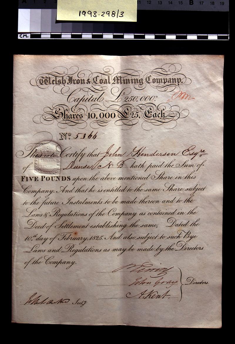 Welsh Iron and Coal Mining Company, share certificate