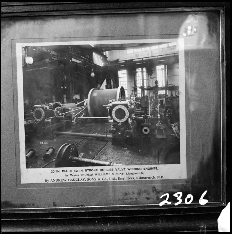 Black and white film negative of a framed photograph showing the Andrew Barclay winding engine.  &#039;Morlais 13/5/81&#039; is transcribed from original negative bag.
