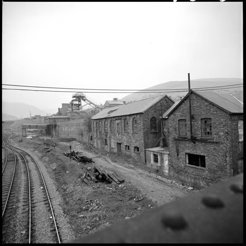 Black and white film negative showing a surface view of Ffaldau Colliery, 15 April 1980.  &#039;Ffaldau 15/4/80&#039; is transcribed from original negative bag.