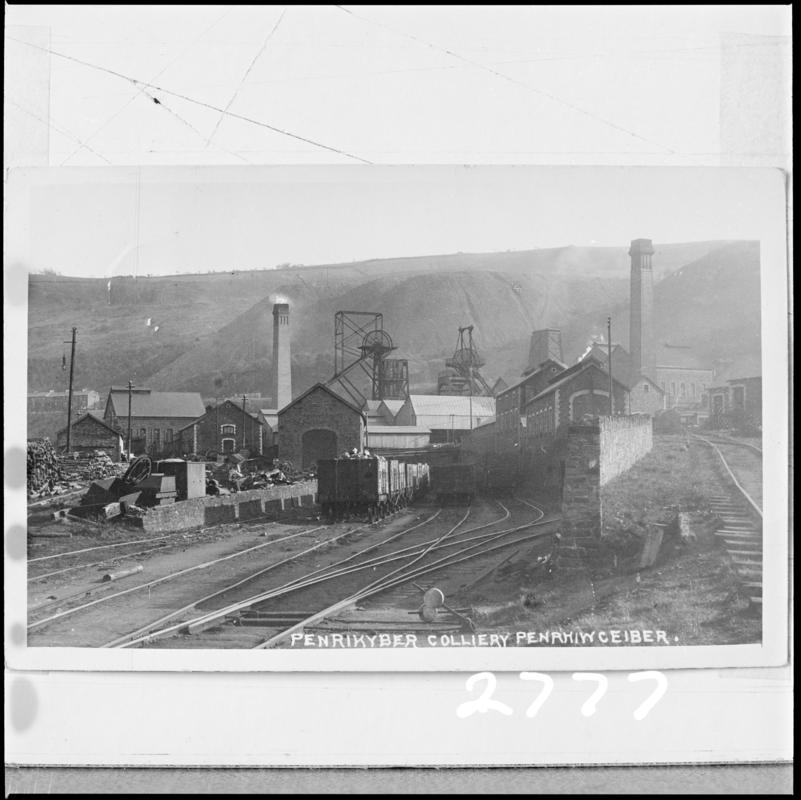 Black and white film negative of a photograph showing a surface view of Penrhiwceibr Colliery. &#039;Penrikyber&#039; is transcribed from original negative bag.  Appears to be identical to 2009.3/2254.