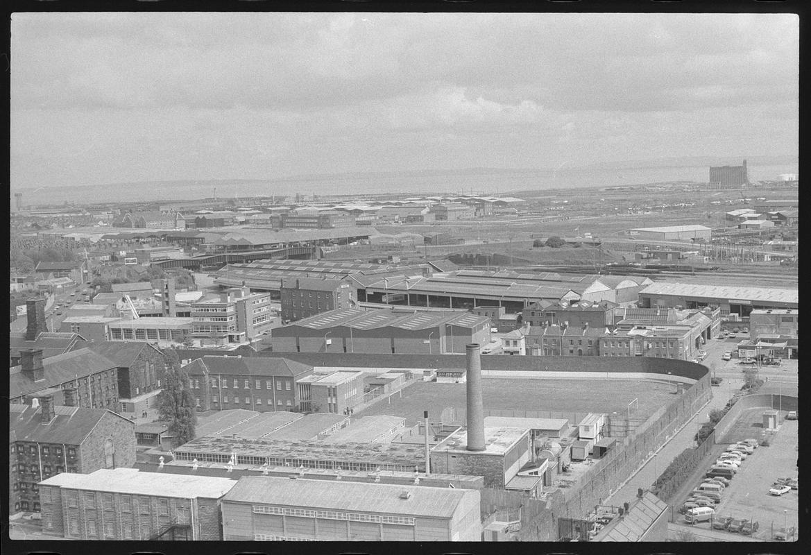 View from top of building on Churchill Way, looking south towards docks.