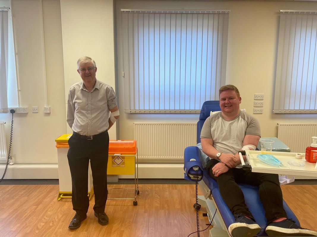 Shane Andrews MBE donating blood on the first day of the new rules, 14 June 2021.