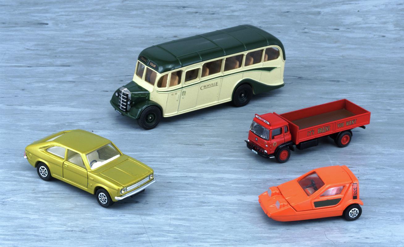 Corgi: Model Morris Marina , Corgi: Model Reliant Bond Bug,  Corgi: Model Bedford Coach Crosville,  Model of Bedford open Truck Brains