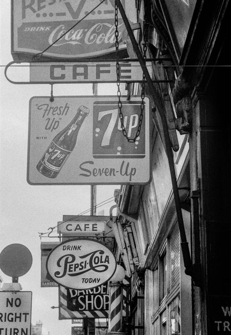 GB. ENGLAND. Soho street signs. One of first pictures taken - using a Kodak Retina folding camera (first camera). 1955.