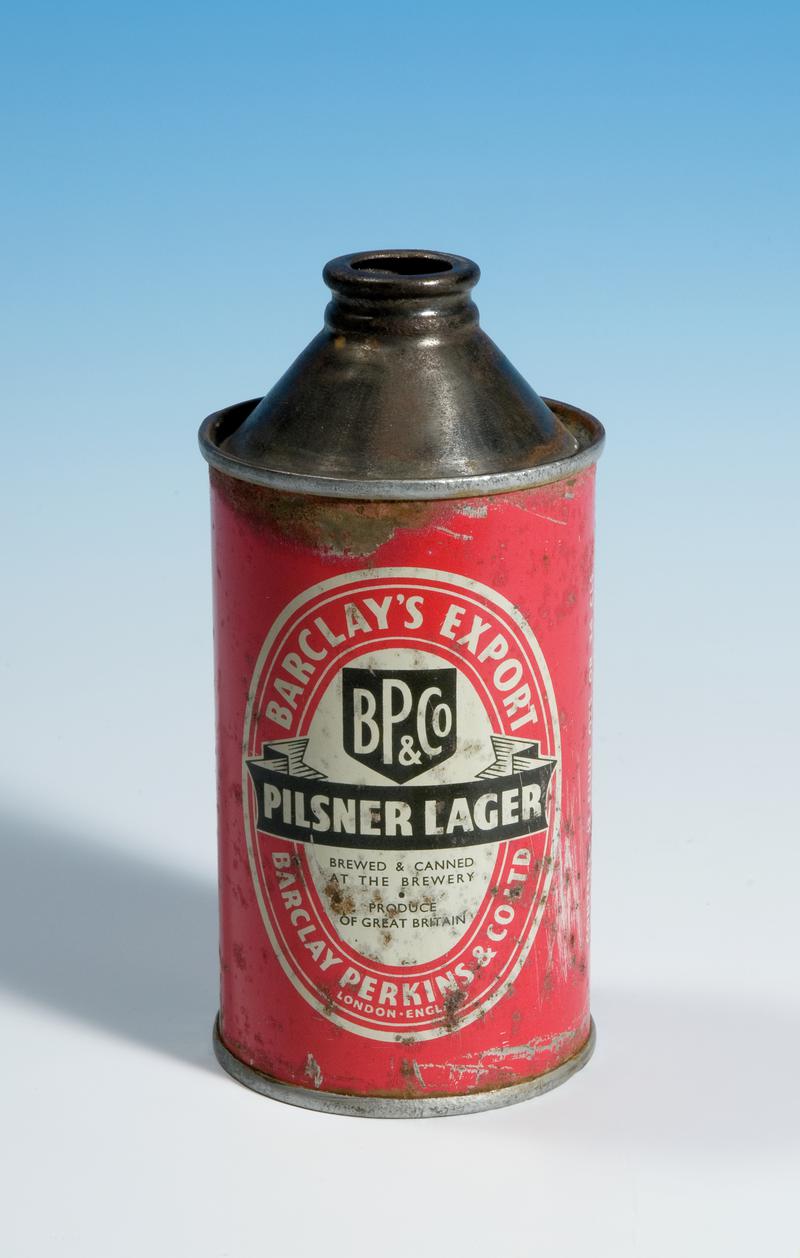 Barclay&#039;s Export Pilsner Lager cone-top tinplate beer can made by Metal Box Company Ltd., of Neath (front)