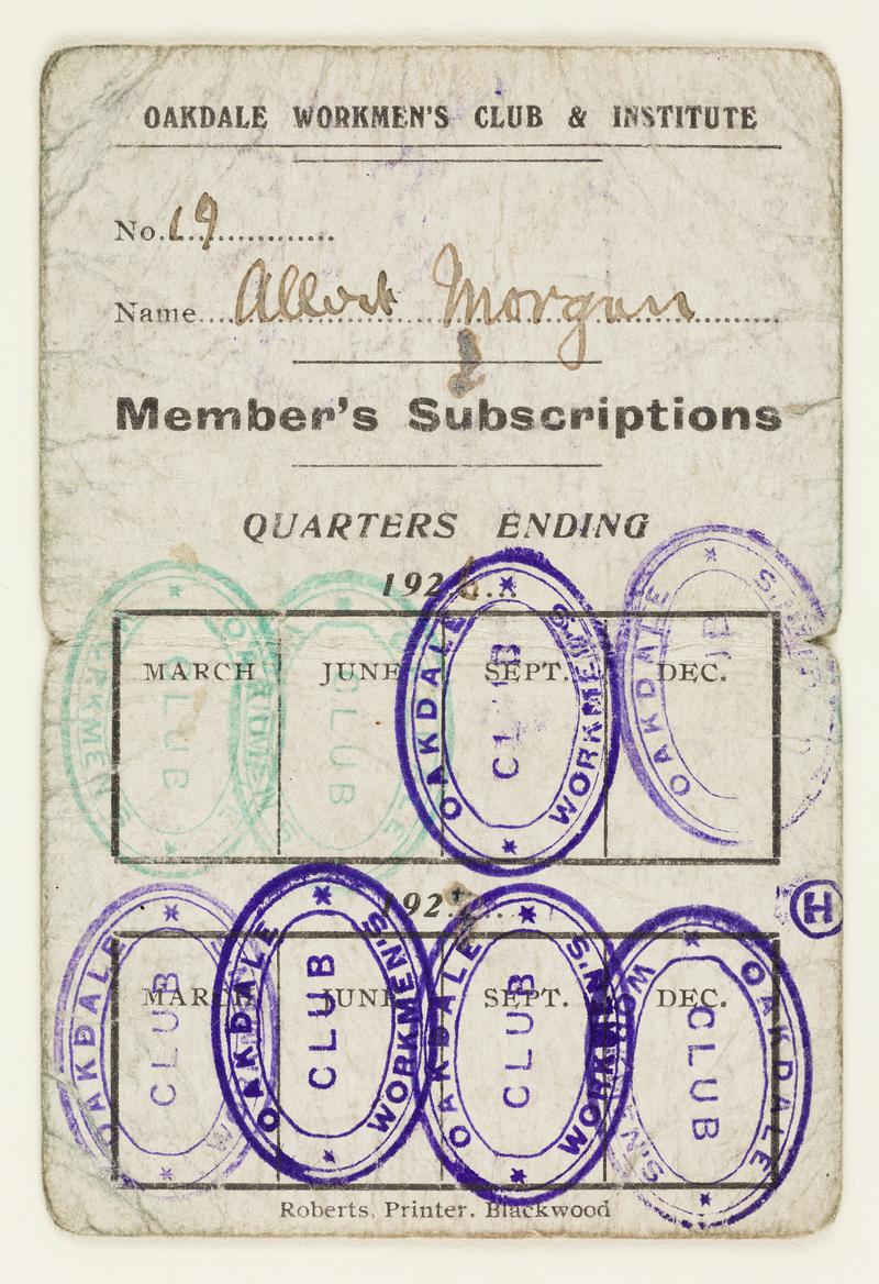 Oakdale Workmen&#039;s Club and Institute Member&#039;s Subscriptions Card No. &#039;19&#039;, issued to Albert Morgan, 1926/27.