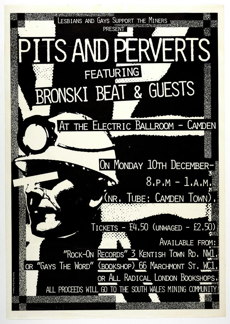 Original &#039;Pits and Perverts&#039; poster for fundraising concert featuring Bronski Beat held at the Electric Ballroom, Camden, on 10 December 1984.
