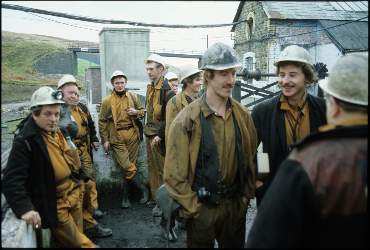 Colour film slide showing Coegnant Colliery miners, 25 November 1981.
