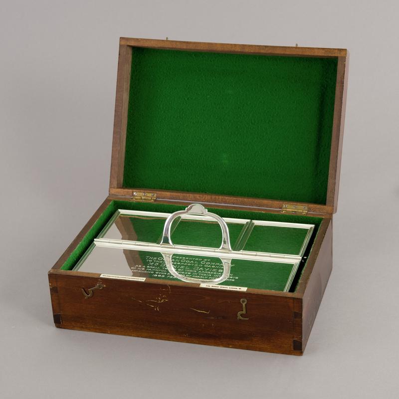 Silver writing set inscribed to Mr Daniel Davies, Cashier, Ocean Coal Company, accompanied by Wooden box for silver writing set