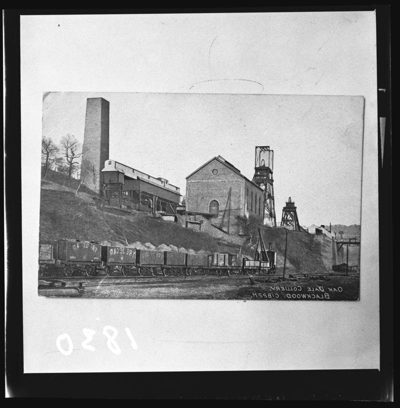 Black and white film negative of a photograph showing a surface view of Oakdale Colliery.  &#039;Oakdale&#039; is transcribed from original negative bag.