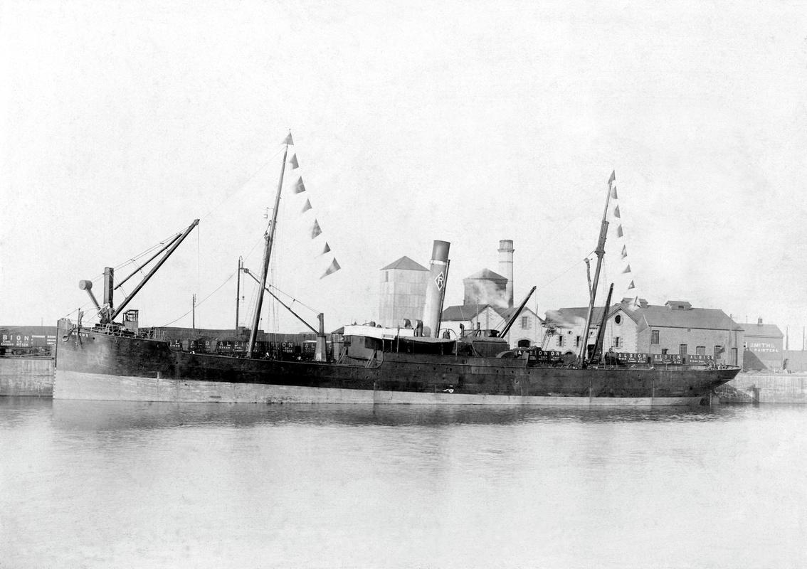 S.S. Argus berthed at the tidal wharf downstream of Briton Ferry Ironworks.