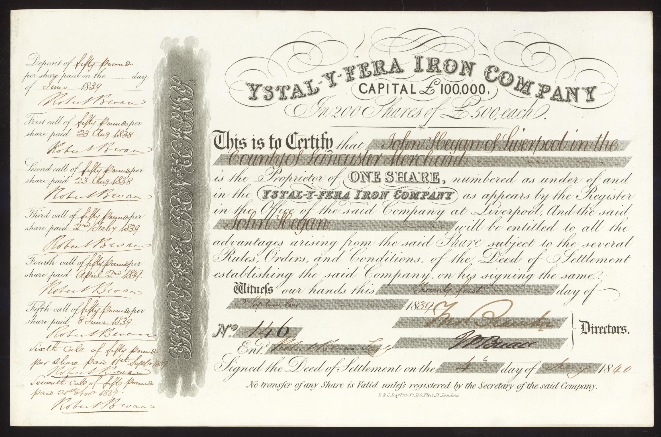 Ystal-Y-Fera Iron Company, share certificate