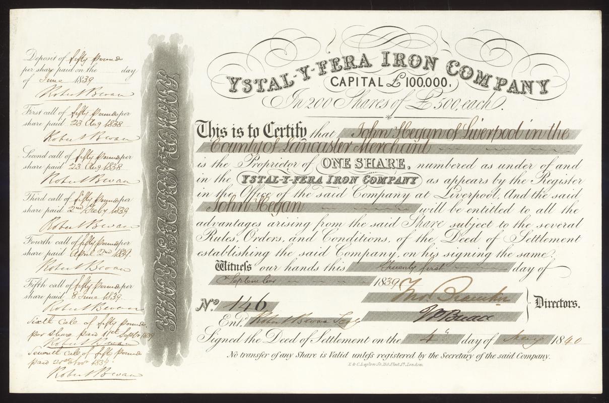 Ystal-Y-Fera Iron Company, share certificate