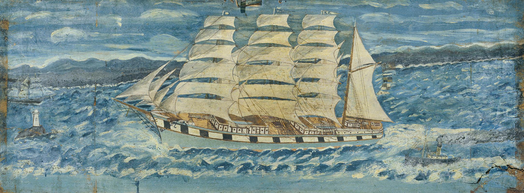 Painting of a sailing vessel on chest lid