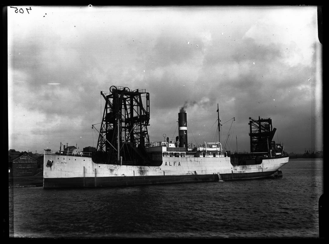 Port broadside view of the S.S. Alfa, Cardiff Docks c.1936
