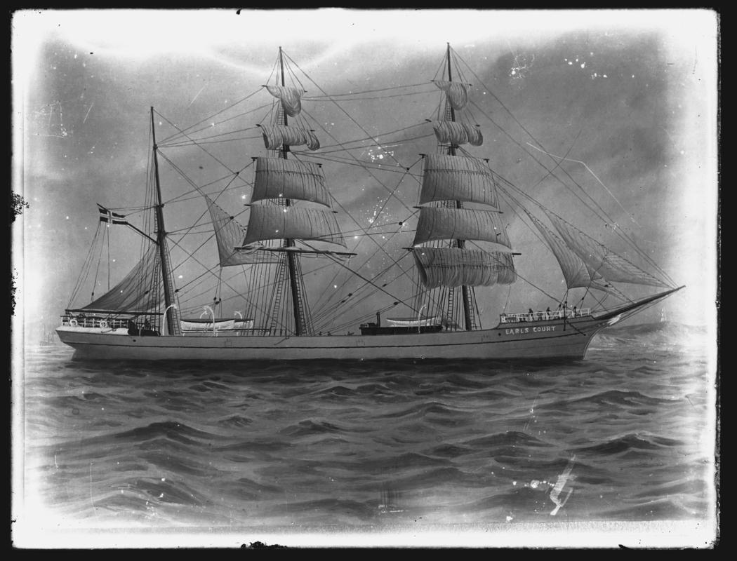 Photograph of a painting showing a starboard broadside view of the three-masted barque EARLS COURT.