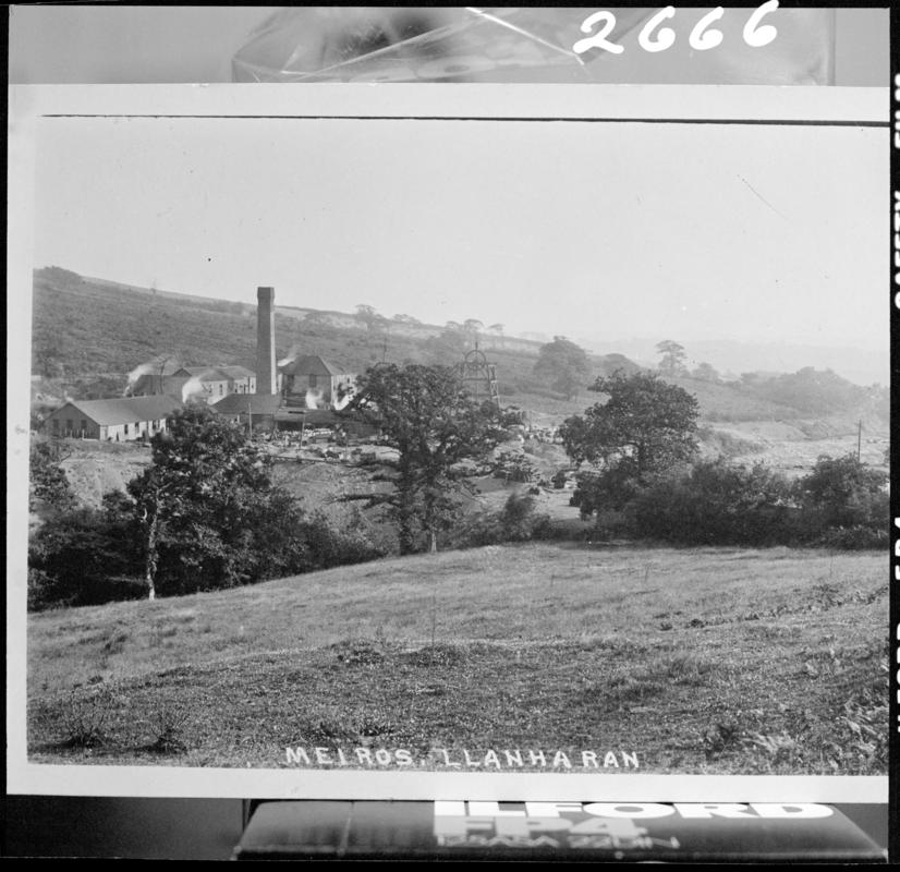 Black and white film negative of a photograph showing a surface view of Meiros Colliery, Llanharan.  &#039;Meiros Colliery&#039; is transcribed from original negative bag.