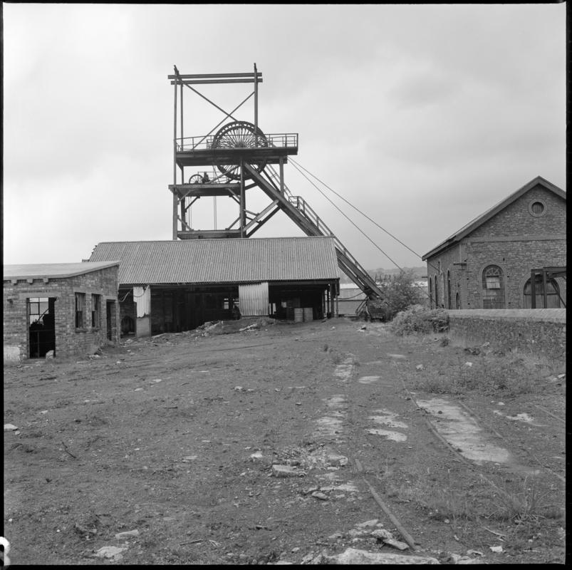 Black and white film negative showing a surface view of Nixon&#039;s Navigation Colliery, 1975.  &#039;Navigation Mountain Ash 1975&#039; is transcribed from original negative bag.