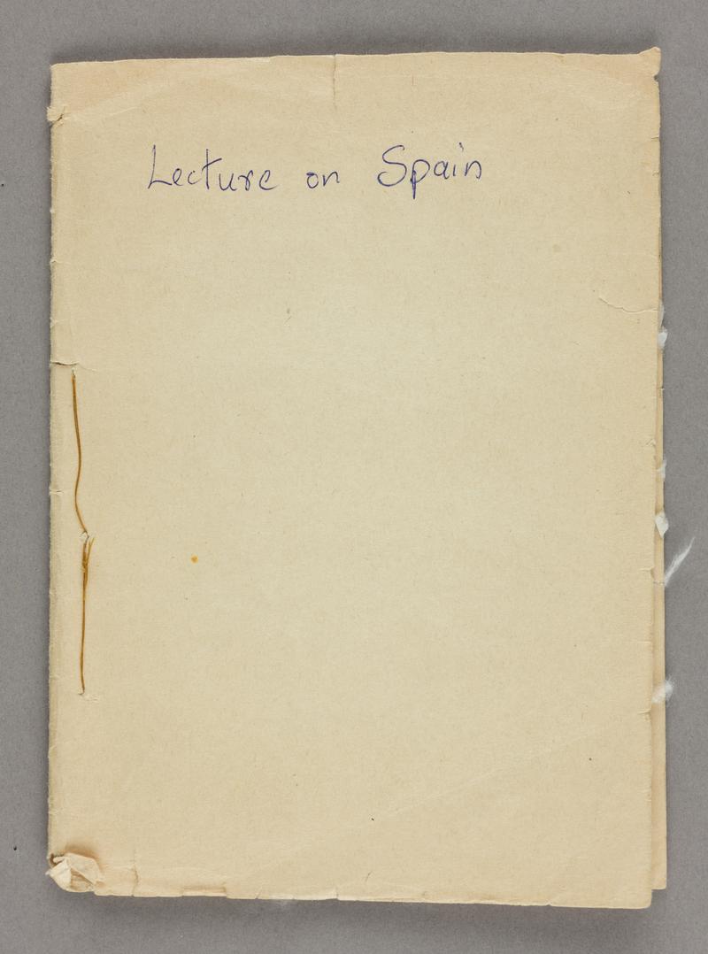 Lecture on Spain&#039; - Edwin Greenings handwritten lecture notes. 60 pages in cardboard cover bound with thread, c.1978. Cover