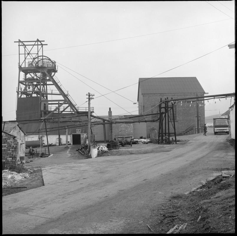 Black and white film negative showing the headgear and engine house, Big Pit Colliery.  &#039;Big Pit Blaenavon&#039; is transcribed from original negative bag.