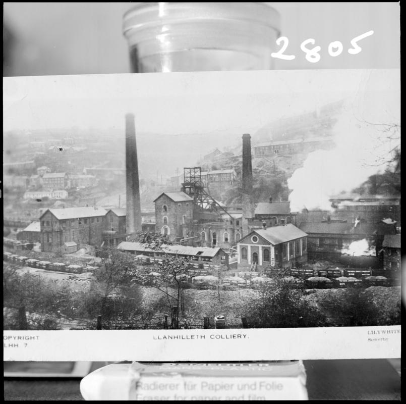 Black and white film negative of a photograph showing a surface view of Llanhilleth Colliery c.1905.  &#039;Llanhilleth&#039; is transcribed from original negative bag.