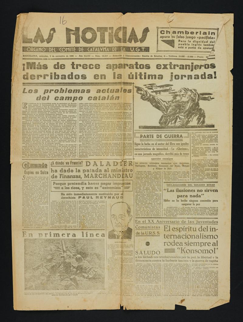 Four page newspaper &quot;La Noticias&quot; Dated 2 November 1938. Front page