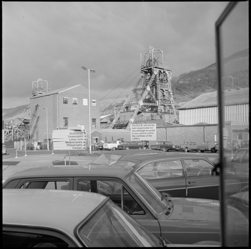 Black and white film negative showing Merthyr Vale Colliery and car park.  &#039;Merthyr Vale&#039; is transcribed from original negative bag.