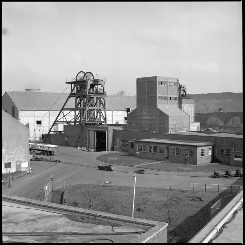Black and white film negative showing a surface view of Cwm Colliery 3 April 1981.  &#039;Cwm 3 April 1981&#039; is transcribed from original negative bag.