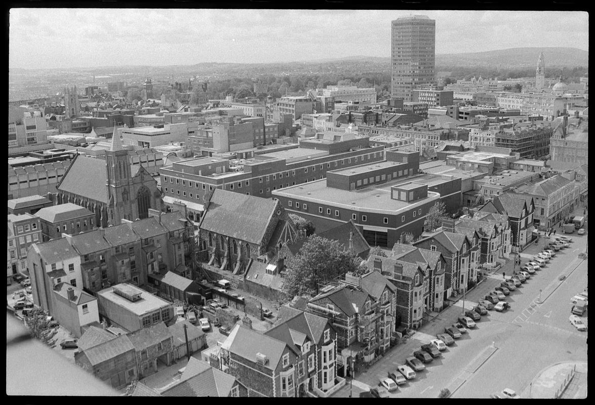 View from top of building on Churchill Way, looking down at St. David&#039;s Cathedral.