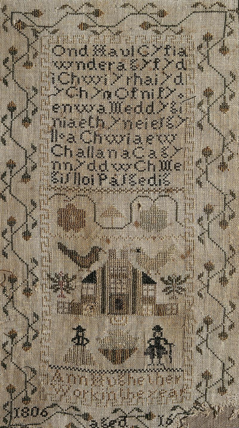 Sampler (Welsh verse &amp; motifs), made in Llanerchymedd, 1806