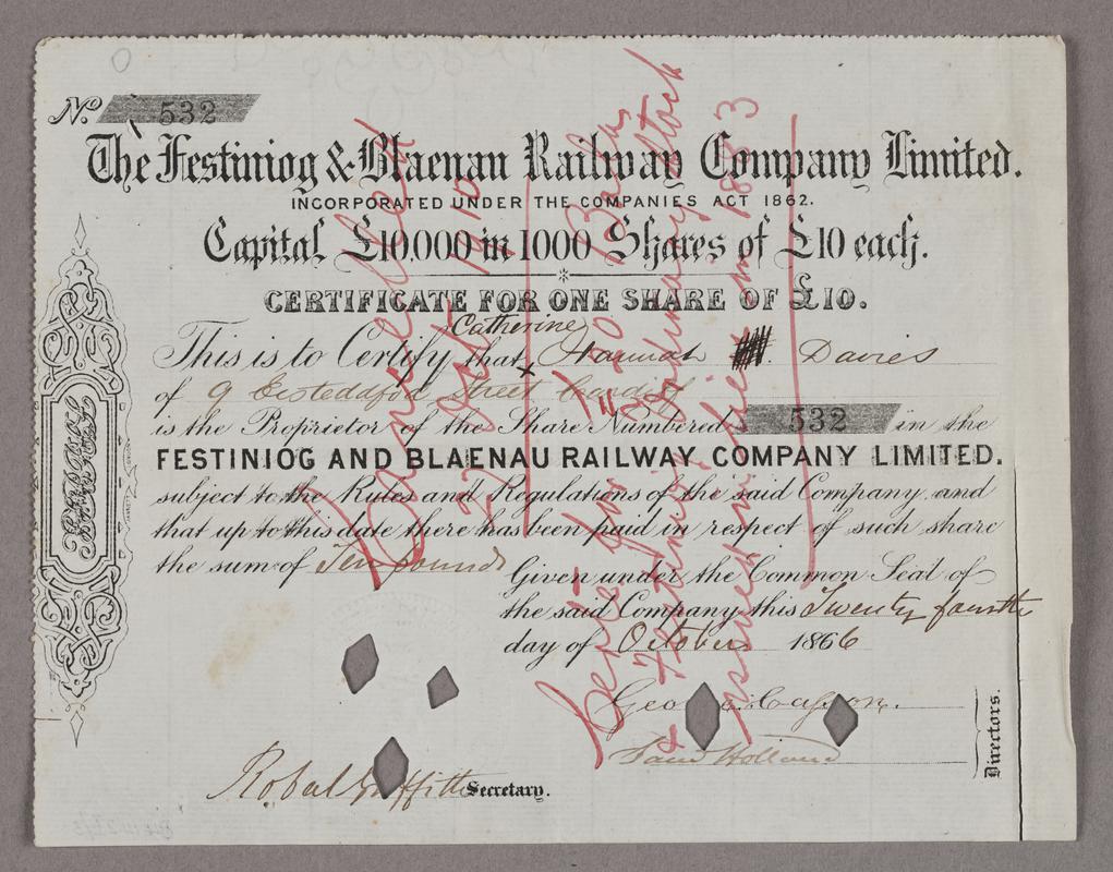 Festiniog &amp; Blaenau Railway Co. Ltd. share certificate