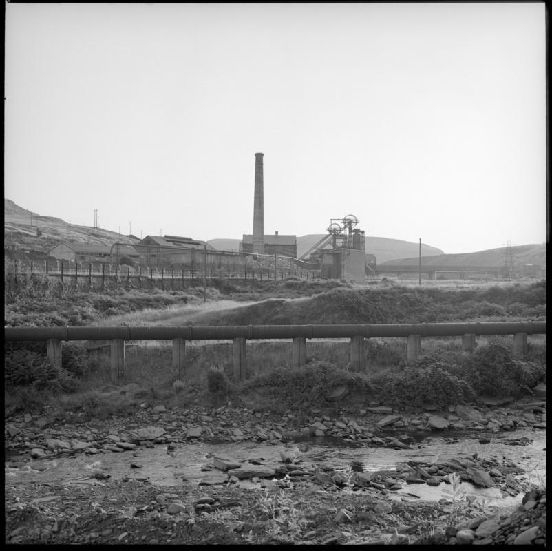 Black and white film negative showing a view towards Lewis Merthyr Colliery.