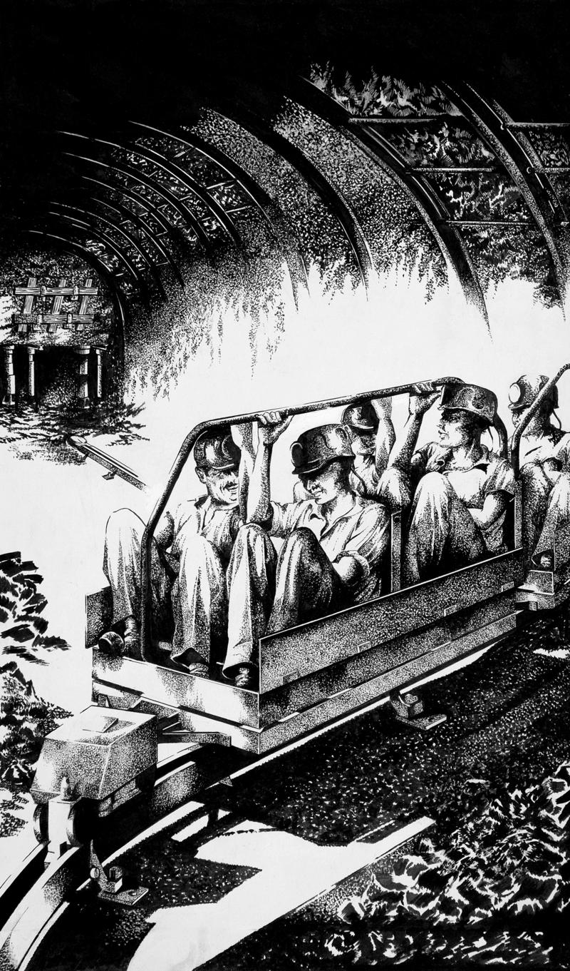 Miners riding a Becorit road railer, drawing