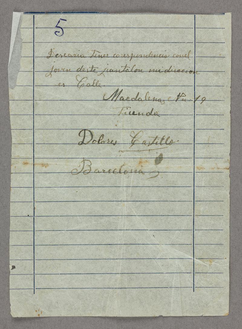 Sheet of paper found in uniform issued to Edwin Greening asking the recipient to correspond to the seamstress. Handwritten in black ink on white paper.