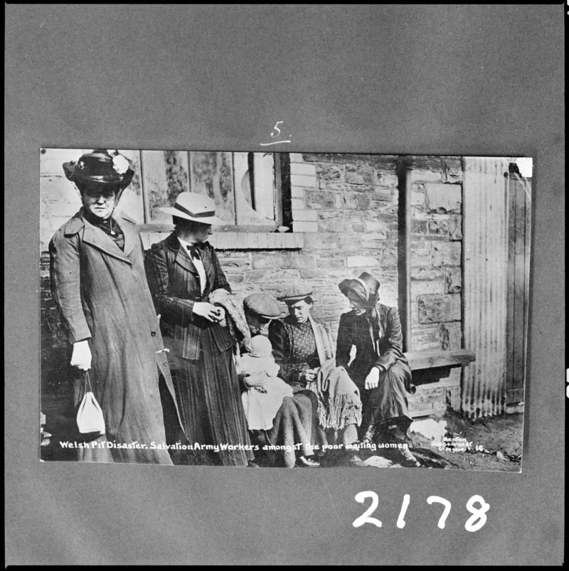 Black and white film negative of a photograph showing Salvation Army workers and women waiting for news following the Universal Pit disaster of 14 October 1913.  &#039;Sen 1913&#039; is transcribed from original negative bag.