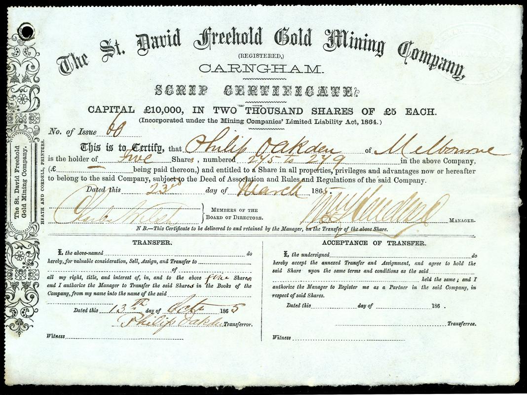 Share Certificate &quot;The St. David Freehold Gold Mining Company&quot;