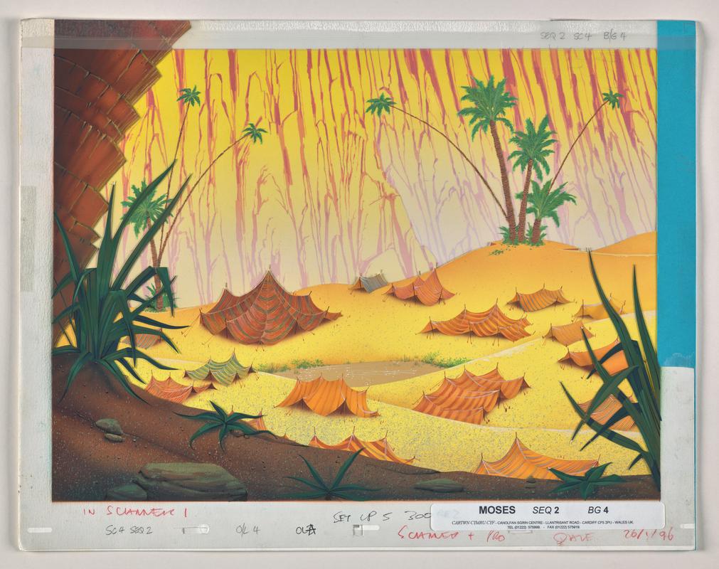 Background animation production artwork from episode Moses in series &#039;Testament: The Bible in Animation&#039;. Card background, three overlays and sheet of cellulose acetate covering front. Labelled with production company name.