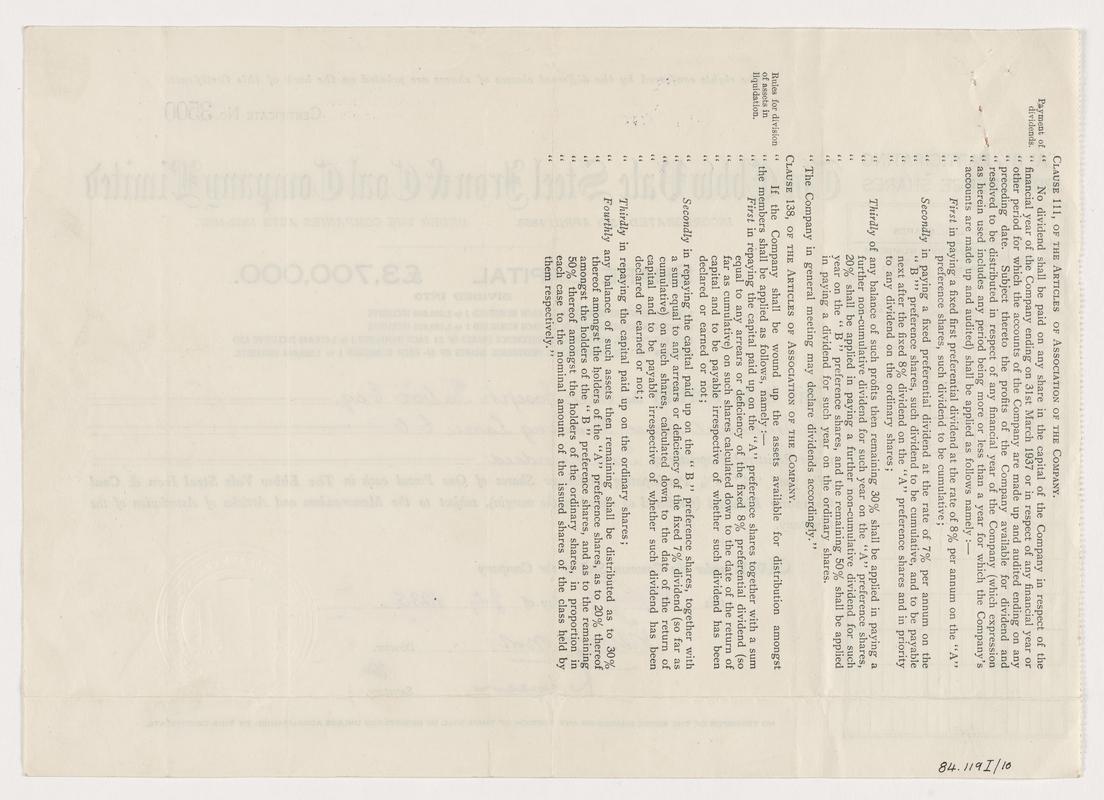 Ebbw Vale Steel, Iron and Coal Co.Ltd., share cert