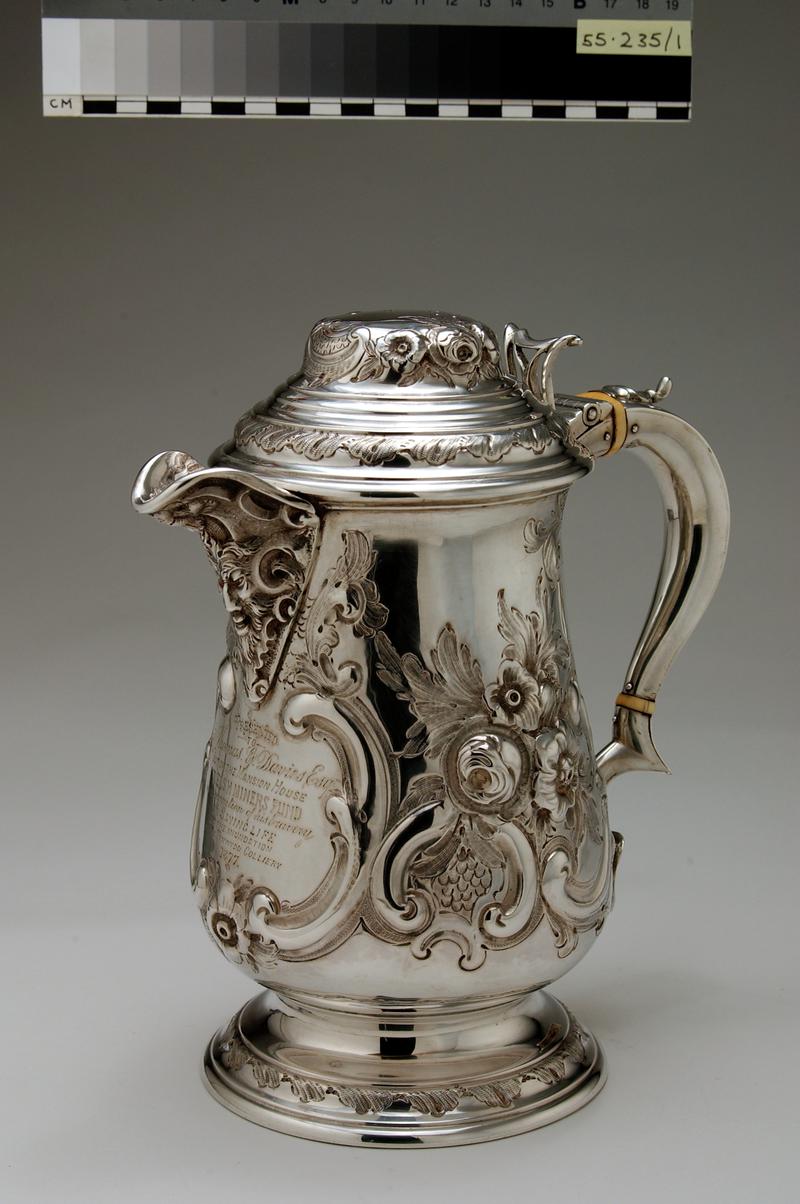Silver Ewer, &#039;Presented to Thomas G Davies Esq. out of the Mansion House Welsh Miners&#039; Fund in Recognition of his Bravery in Saving Life at the Inundationof the Tynewydd Colliery 1877&#039;