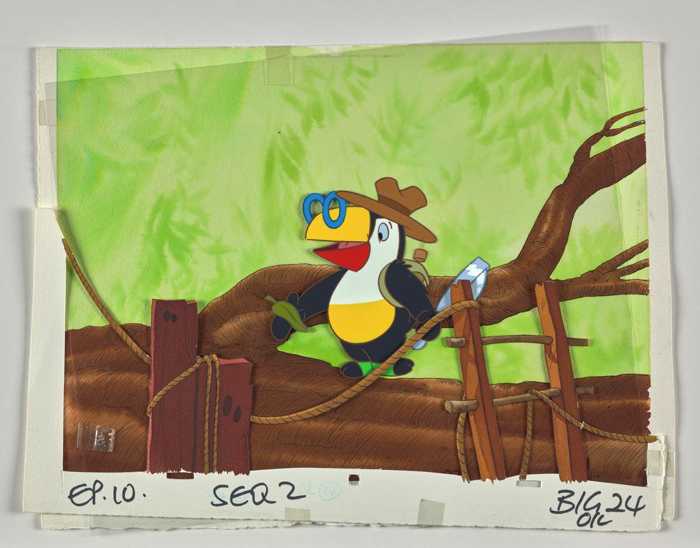 Toucan Tecs animation production artwork showing the character Zac. Card background overlaid with cellulose acetate and paper foreground.