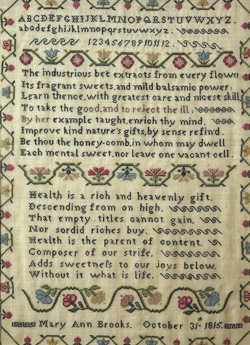 Sampler (alphabet, verse &amp; border motifs), made in London, 1815