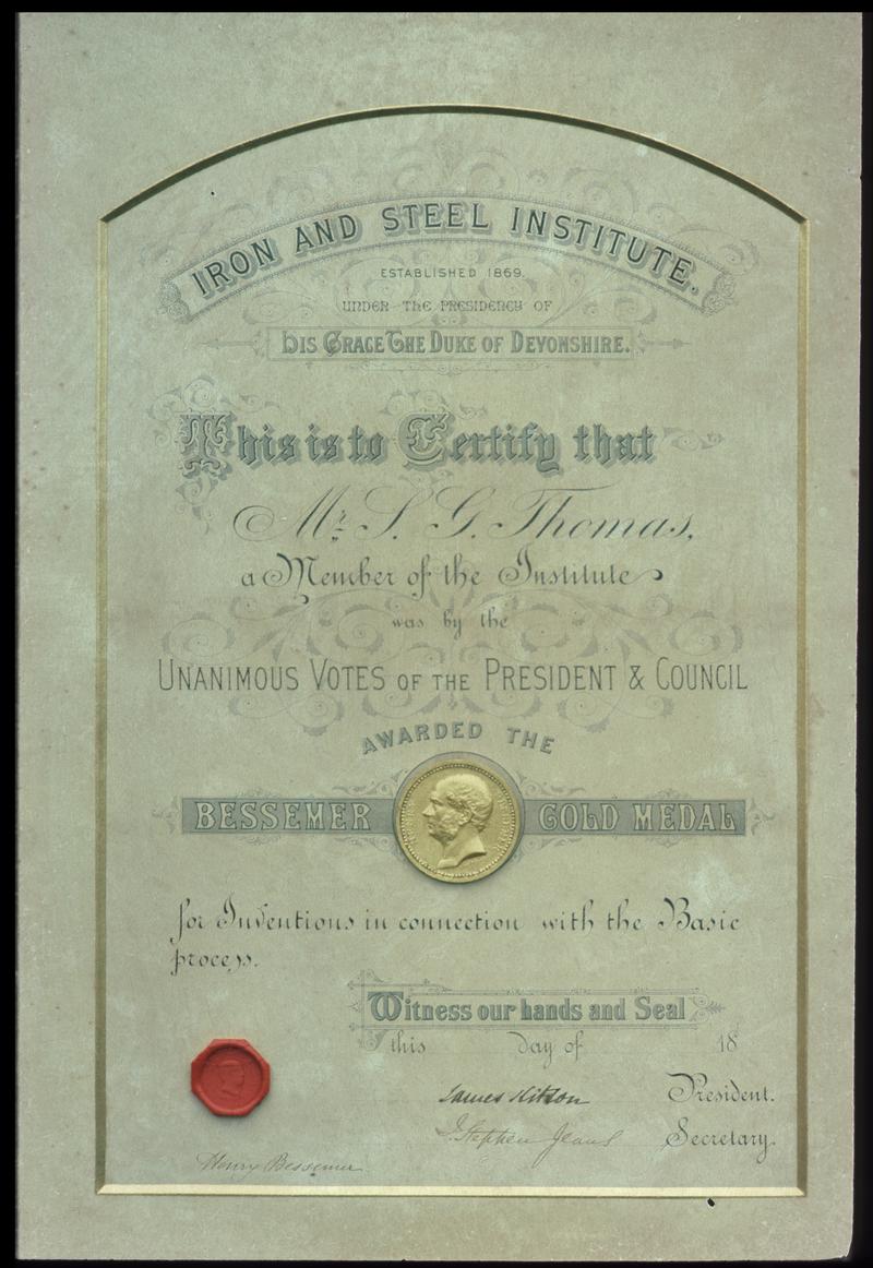 Certificate &amp; Bessemer Gold Medal, S.G. Thomas